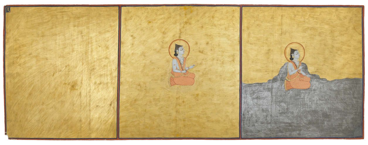 9. Tri aspekta Apsoluta, list br. 1 iz „Nat Čarita“, Bulaki (umetnik), Indija, Radžastan, Džodpur, 1823. (Samvat 1880), gvaš i olovna legura na hartiji, 47 x 123 cm, Mehrangarh Museum Trust, Džodpur, Indija